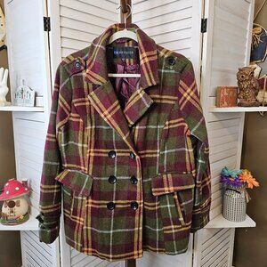 I.B. Diffusion, Women's Vintage Plaid Peacoat, Double-Breasted Jacket, Size XXL